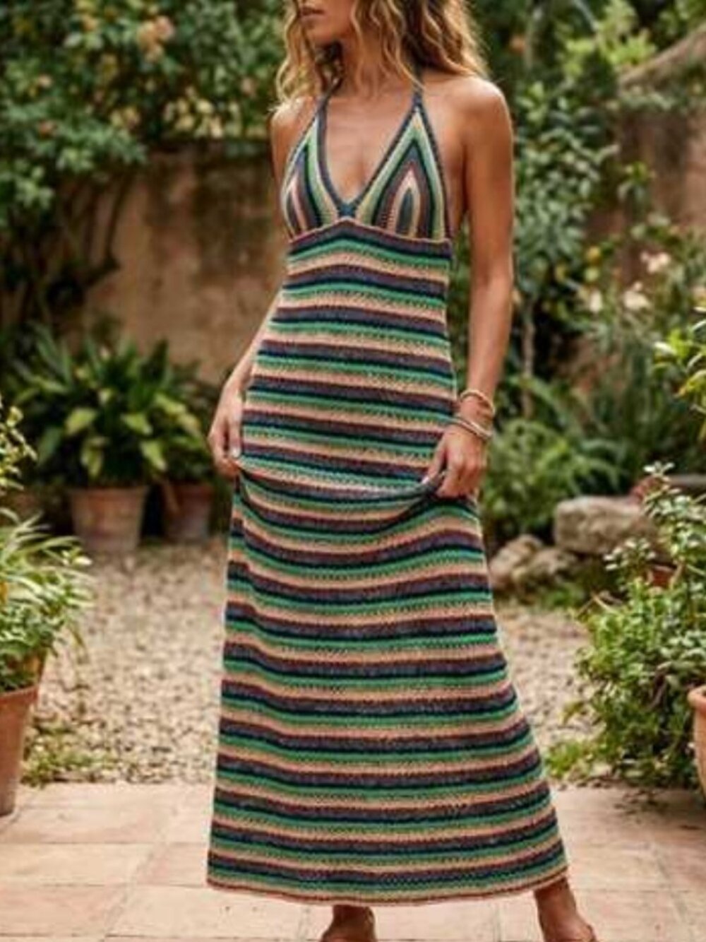 Zara Multi Color Crochet Knit Strappy Maxi Dress Striped Boho Festival Summer M